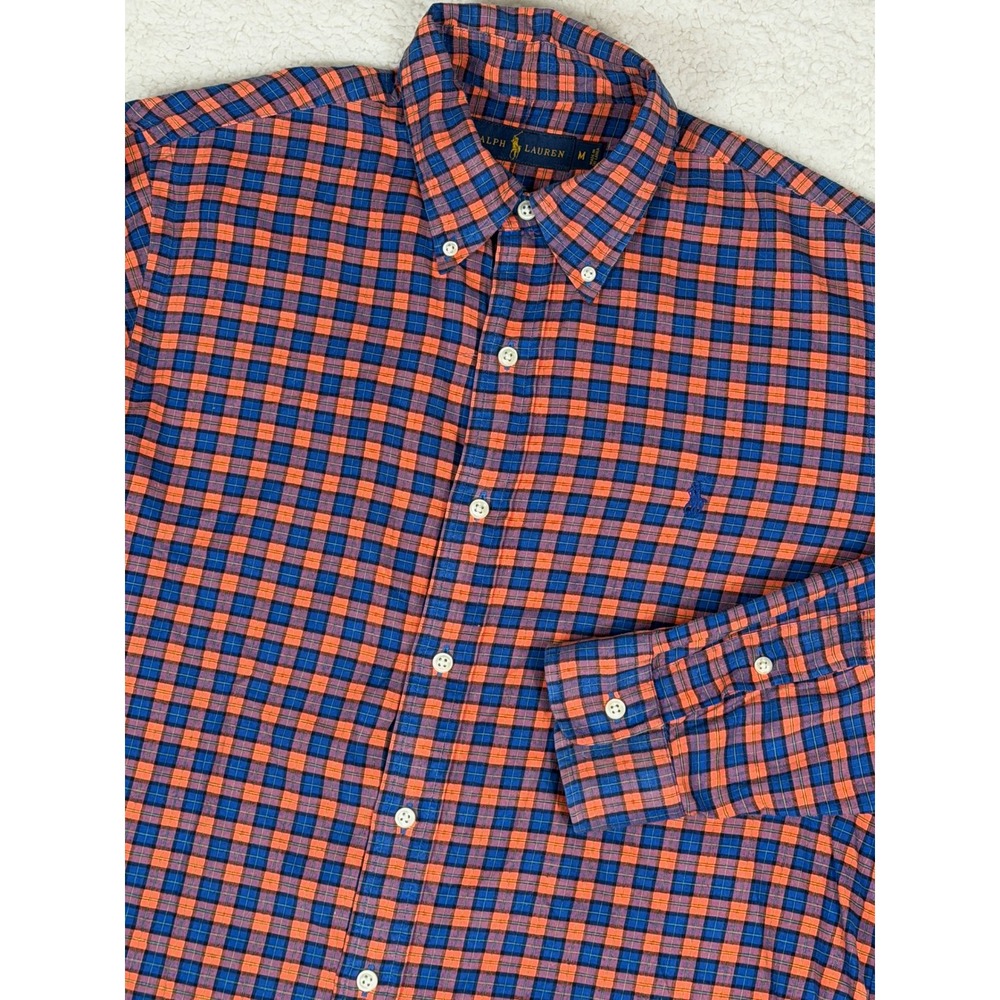 Polo Ralph Lauren Mens M Cotton Orange Blue Plaid Long Sleeve Button Down Shirt‎